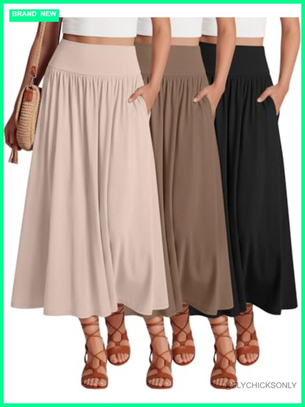 Women's 3 Pack Maxi Long Skirts Pleated A-Line Ankle Length with Pockets